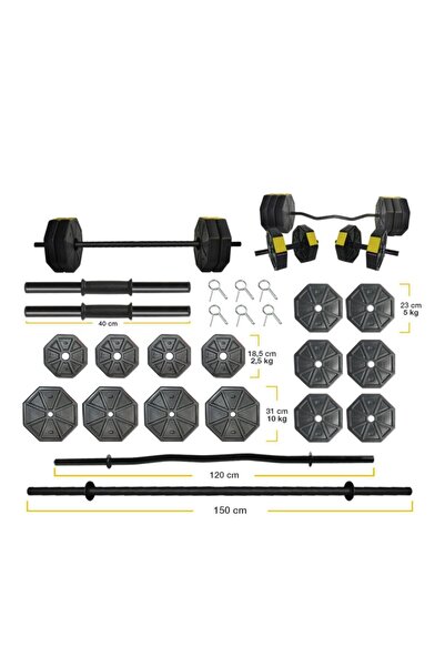 Genel Markalar 80 Kg Düz Bar (150 CM) Z Bar (120 CM) Full Dambıl Halter Ağırlık Set Sarı Kapaklı