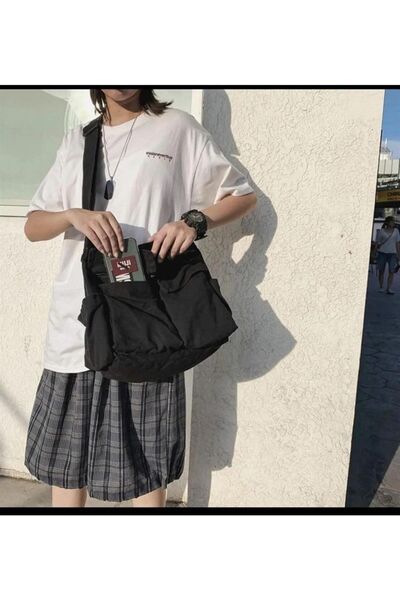 Touz Geantă Messenger Vintage Unisex Cargo Pocket Mare Neagră