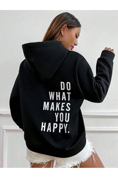 Korefanzin Unisex Black Hoodie - REFLEXED, 'Do What Makes Happy You' Printed, Oversize Three Strings
