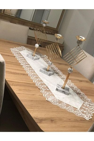 Çt Çeyizci Tekstil Velvet Lace Detailed Cream Runner (140x40cm)