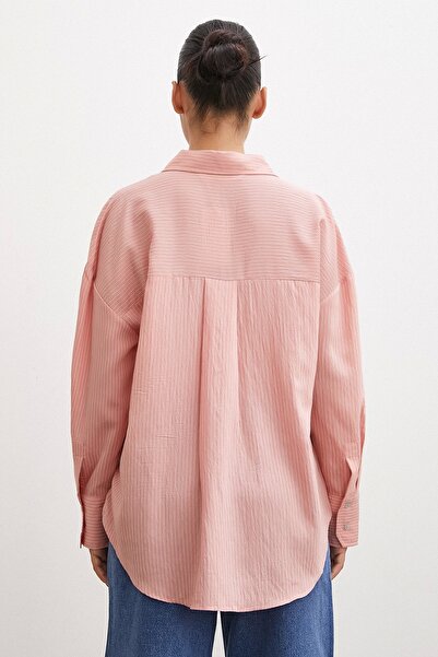 Never more Ριγέ πουκάμισο Dusty Rose με τσέπες