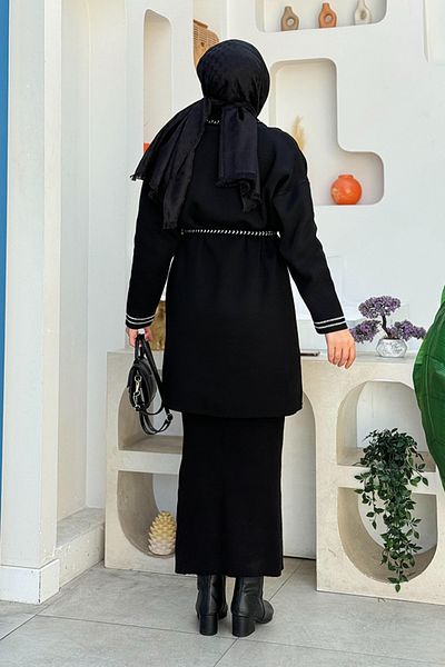 Bym Fashion Πλεκτό Ζακέτα 12038 - Μαύρο με Ζώνη Μέσης και Λεπτομέρεια Τσέπης