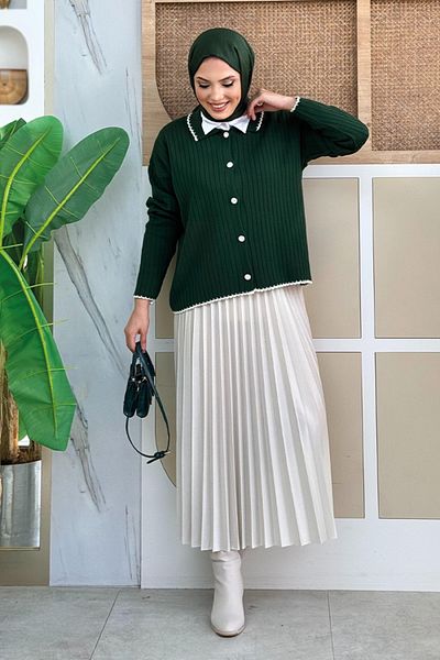Bym Fashion Σμαραγδένια Πλεκτή Ζακέτα - Λεπτομέρεια με Πέτρινο Κουμπί, Μοντέλο 2-1570