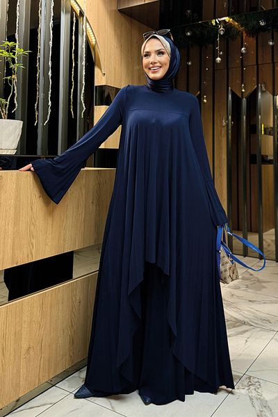 Bym Fashion Σετ μακρύ τουνίκ και παντελόνι με λεπτομέρεια Navy Blue Pleated - 8575