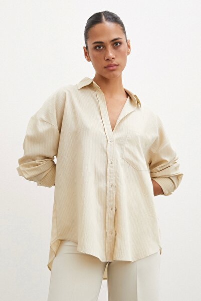 Never more Beige Colored Pocketed Striped Shirt