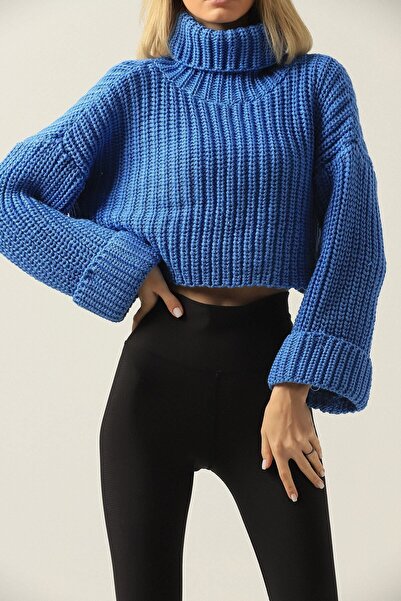 Dier Moda Kadın Siyah Balıkçı Yaka Örgü Crop Triko Kazak