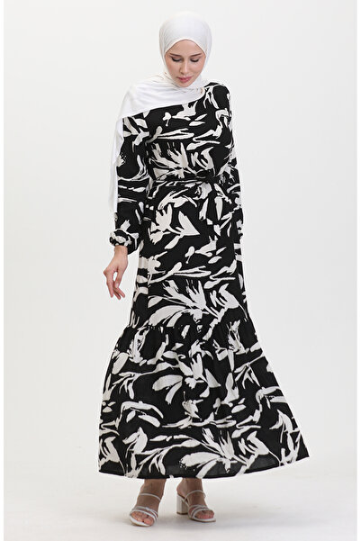 sefamerve Black and White Patterned Belted Dress - 0444-01