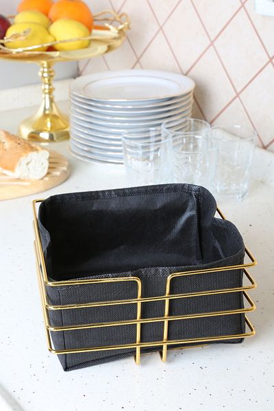 MultiStore Luxury Gold Stainless Square Bread Basket - Multi-Purpose, Black Fabric