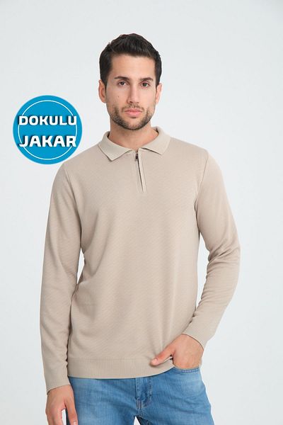 GW Мъжки пуловер с поло яка и цип LUWERO, с прилепнала кройка и плетена материя - диагонален текстуриран жакард