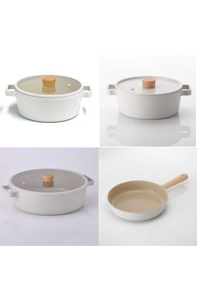 NEOFLAM Beige Fika Aluminum 7 Piece Cookware - Pan Set with Glass Lid