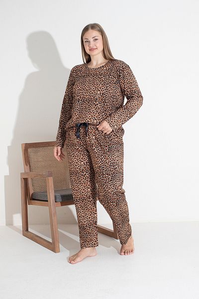 Siyah İnci Plus Size Leopard Patterned Cotton Pajama Set - Curve Oversize