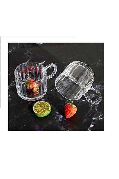 Asil Konsept 2 Adet Büyük Boy 325 ml Boncuklu İnci Görünümlü Yuvarlak Cam Kup...