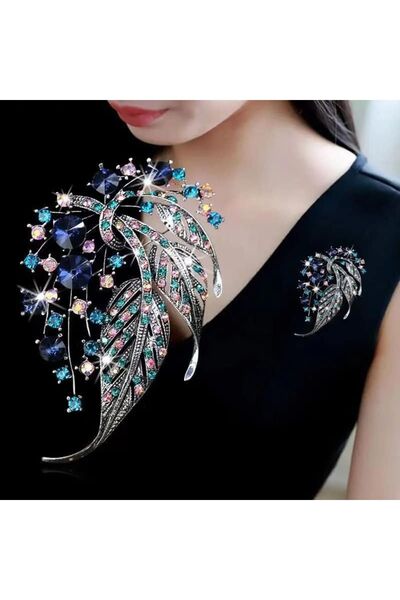 ESJ Kristal Zirkon Taş Yaprak Detay Kadın Broş Zynp040 Ebat:4,5*7 Cm