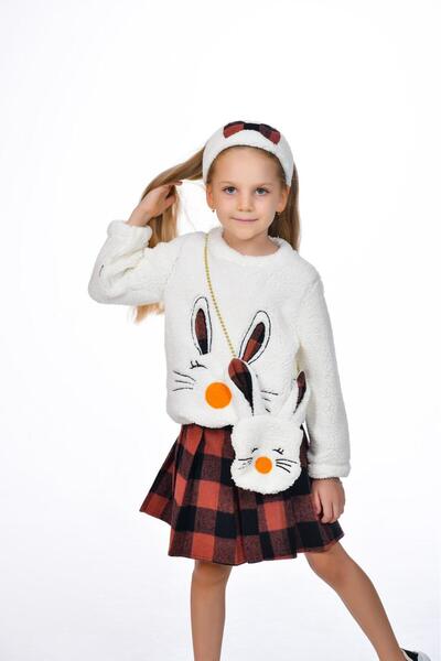 Kamex Girl's Plush Plaid Skirt Set - Bag and Bandana Accessory, Brick Black