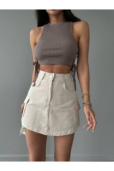 LB Laluna Butik Γυναικεία Cream Cargo Pocket Mini φούστα με σορτς