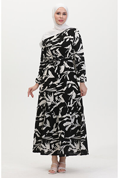 sefamerve Black and White Patterned Belted Dress - 0444-01
