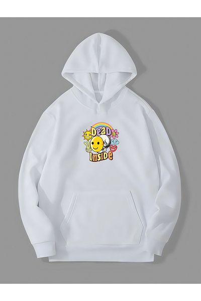 Harmandar Φούτερ White Kangaroo Pocket Hooded - Φούτερ με 3 νήματα Dead Inside Printed Hoodie