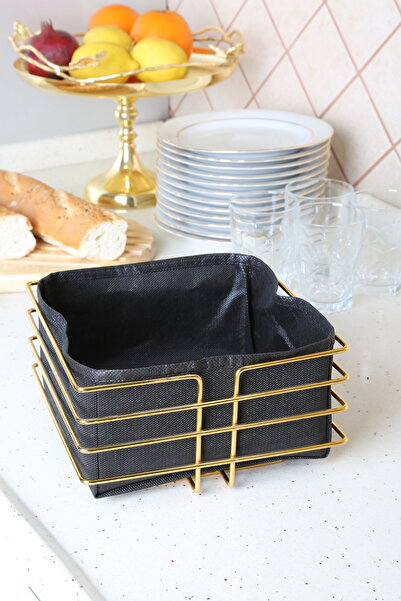 MultiStore Luxury Gold Stainless Square Bread Basket - Multi-Purpose, Black Fabric