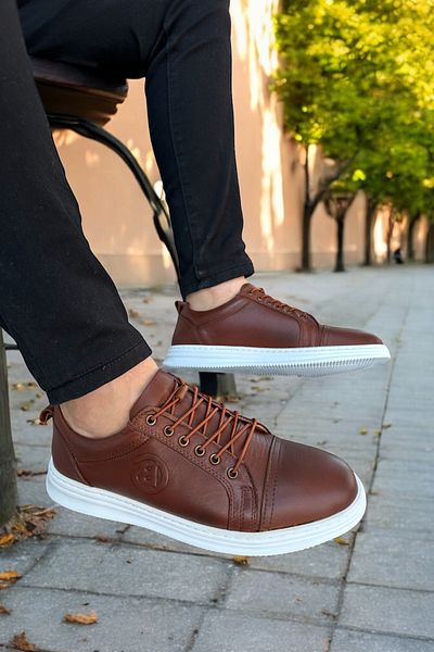 romex Brown Leather Stylish comfortable Casual Shoes with Laces - Thick Sole and Stitching Detail
