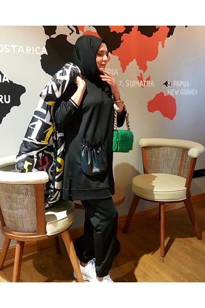 elif vardar butik Women's Black Hijab Sweat Scuba Leather Pocket Sweat