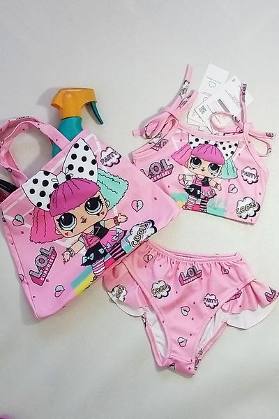 uz shop New Season Cartoon Character Patterned Girl's Bikini Set with Frill Bag Accessories (3 Pieces)