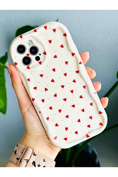 Go Aksesuar Red Hearts Printed Design Case with Toy Compatible for iPhone 12 and 12 Pro
