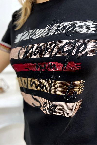RICH GLAM Large Size Colorful Written Crystal Stone Short Sleeve Crew Neck Stylish Cotton Black Women's T-Shirt T-Shirt