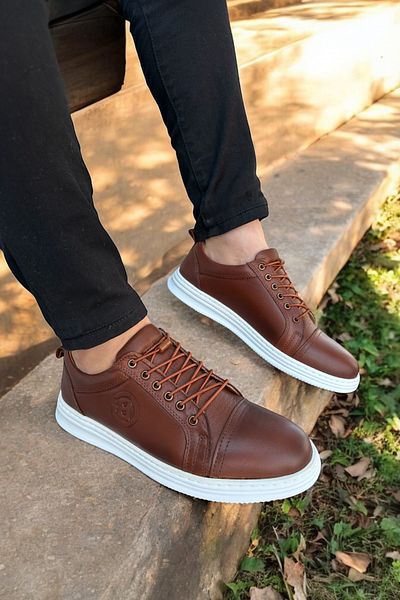 romex Brown Leather Stylish comfortable Casual Shoes with Laces - Thick Sole and Stitching Detail