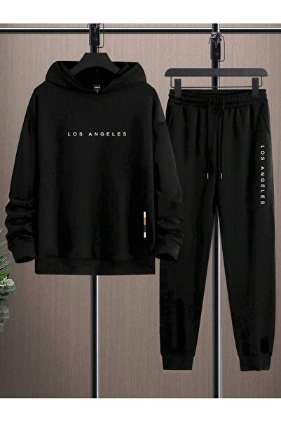 ZEMLİYA Unisex Oversize Printed Sweatpants Hooded Sweatshirt Bottom Top Set