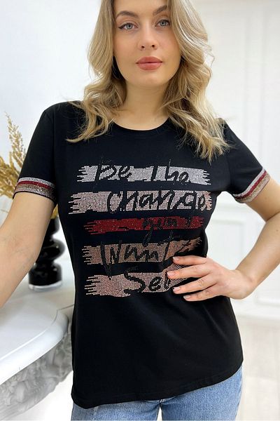 RICH GLAM Large Size Colorful Written Crystal Stone Short Sleeve Crew Neck Stylish Cotton Black Women's T-Shirt T-Shirt