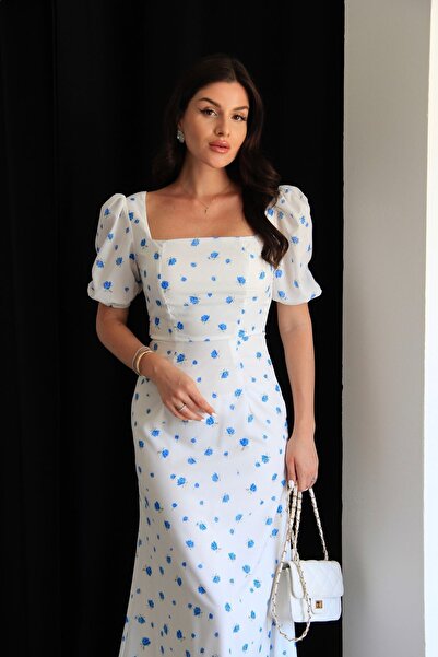 Julishop Julidress - فستان صيفي فاخر بطبعة زهور باللونين الأزرق والأبيض، وياق...