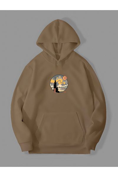 Harmandar Star Pattern - Hooded Bone Kangaroo Sweatshirt Hoodie, 3 Thread Night Printed