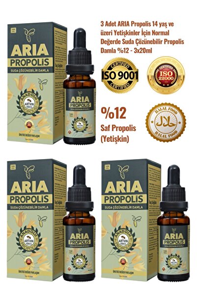 ARIA Propolis 3 Adet Yetişkinler Için Suda Çözünebilir Normal Değerde Propolis Damla %12 - 3x20ml