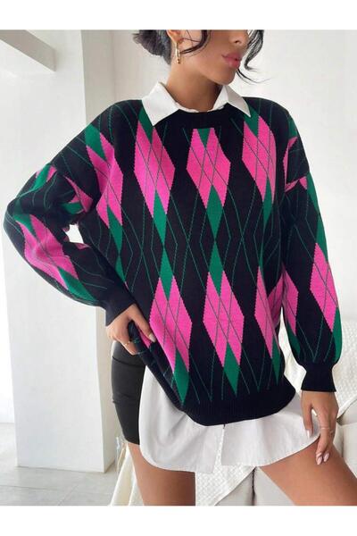 QLAY Oversize dámský pletený svetr - vzor Baklava