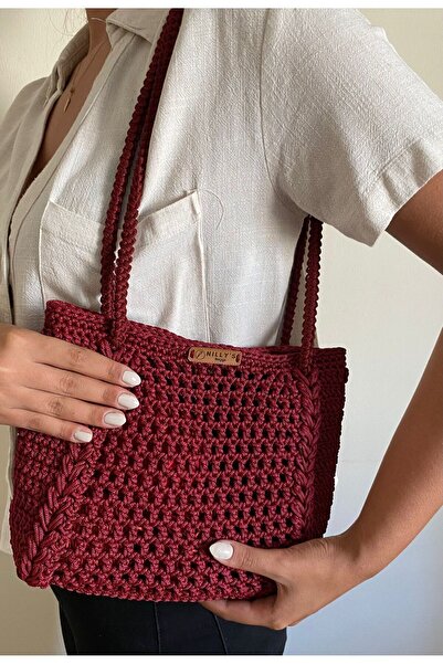 Nillys Kadın Polyester Makrome Bordo Örgü Kol Çantası (EN:31 CM/BOY:22 CM)