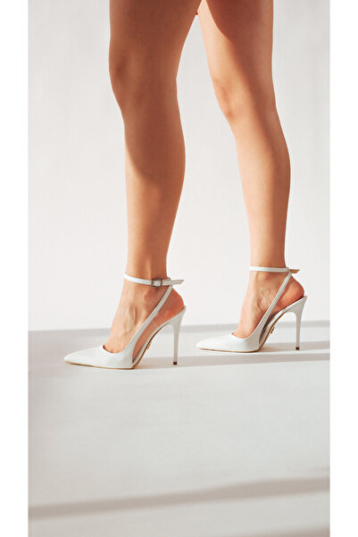 AYAKKABI PRENSİ Pia Ankle Strap Transparent Detailed White Patent Leather 10 cm Women's Stiletto, High Heels