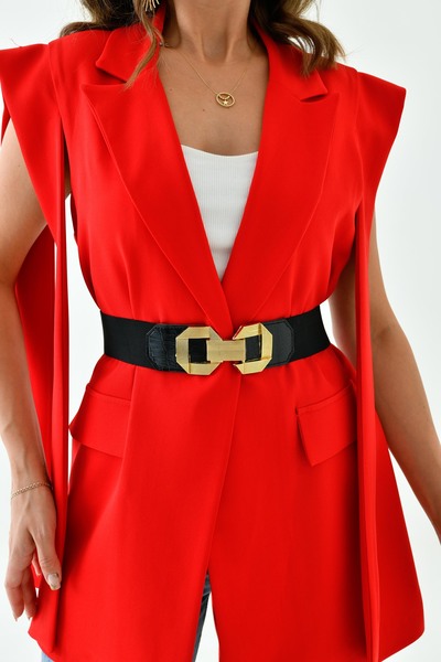 barış sülün lovebox حزام أسود من الجلد الصناعي الهندسي - إبزيم ذهبي، موديل 1507