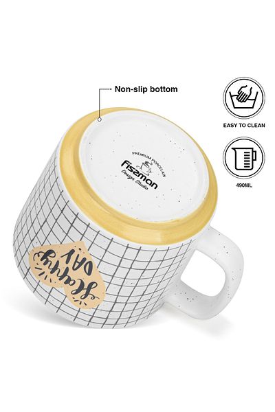 Fissman 2-Piece Printed Coffee Mug 490mL ''HAPPY DAY CHECKED'', Ceramic Coffee Mug with Handle