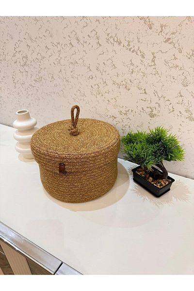 REYGON TEKSTİL BASKET WITH wicker jute lid, HANDWOVEN BASKET BATHROOM AND KITCHEN ORGANIZER DIAMETER 25- DEPTH 15
