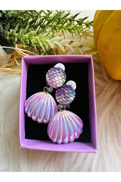 1PARÇAMAVİ Purple Mermaid Shell Clip Non-Perforated Compression Girl's Earrings