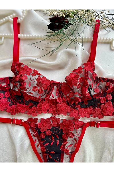 Nashera Red Floral Embroidered Underwire Bralette Bra Underwear Set