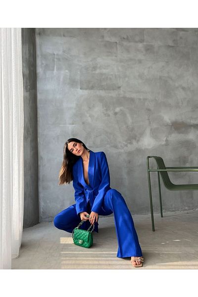 Moda İkra Belted Blazer Jacket and Wide Leg Trousers Set - Women