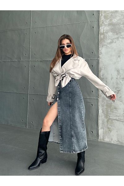 Swet Shop Jeans Women's - Lycra Maxi Denim Skirt, Buttoned, Dark Blue Color, Snow Wash