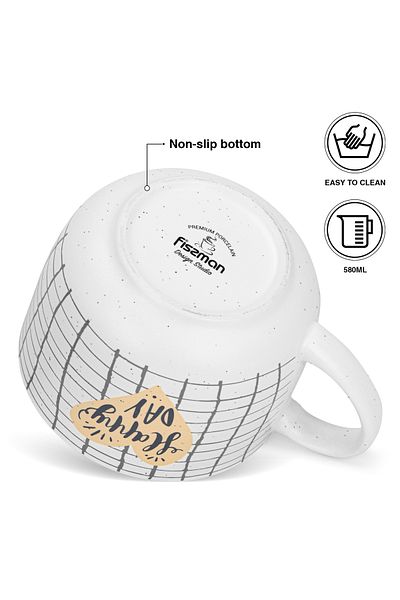 Fissman 2-Piece Printed Coffee Mug 580mL ''HAPPY DAY CHECKED'', Ceramic Coffee Mug with Handle