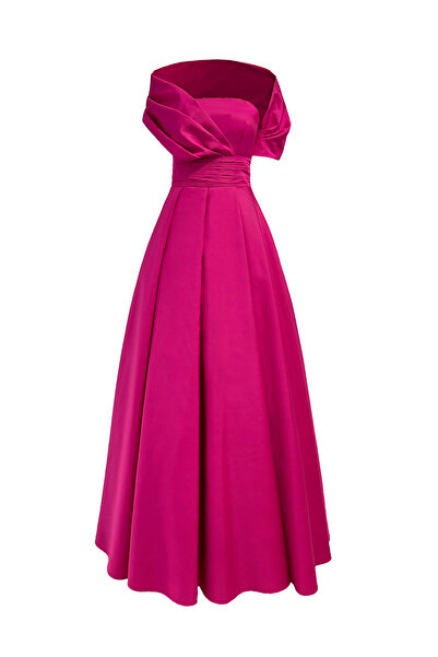 TARA COŞKUNTUNCEL Straplez Drapeli Şal Detaylı Kloş Abiye Elbise