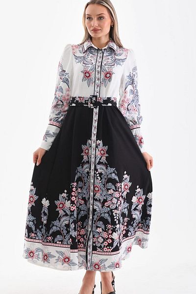 TRENDBUTİKOFFİCİAL Two Colors Ethnic Patterned Slitless Long Dress