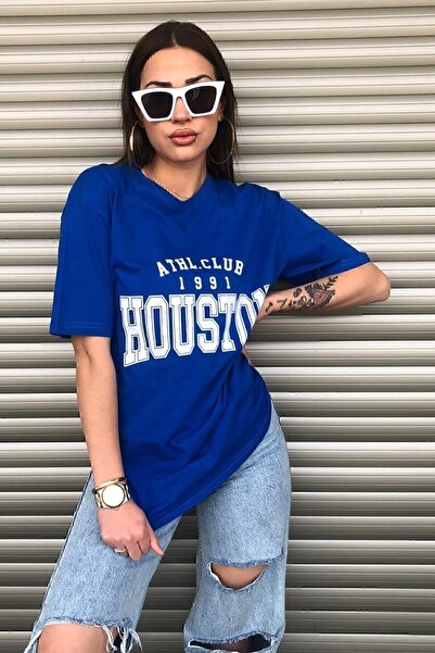 Genel Markalar Houston Baskılı Kadın Oversize Saks Mavi Salas T-shirt Boyfriend