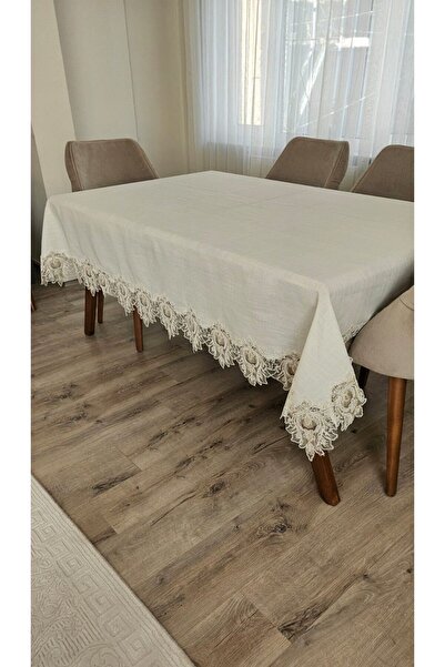 ZESA HOME مفرش طاولة كتان منقوش بنقشة الطائرة - لون كريمي مزين بدانتيل ثقيل، 160x160...160x500