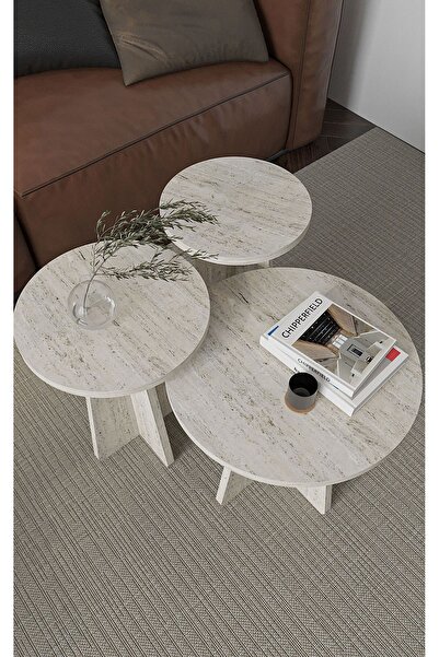 Dekorza Mantar 3 Lü Zigon Sehpa Iskandinav Stili - Traverten