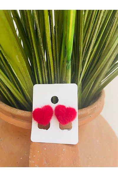 1PARÇAMAVİ Red Plush Furry Heart Children's Earrings - Without Holes